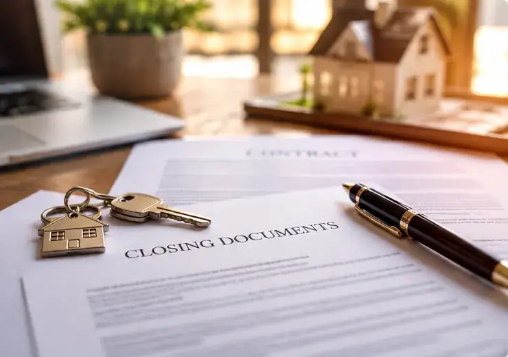 Illustrative closing documents, house keys and signing pen on a desk