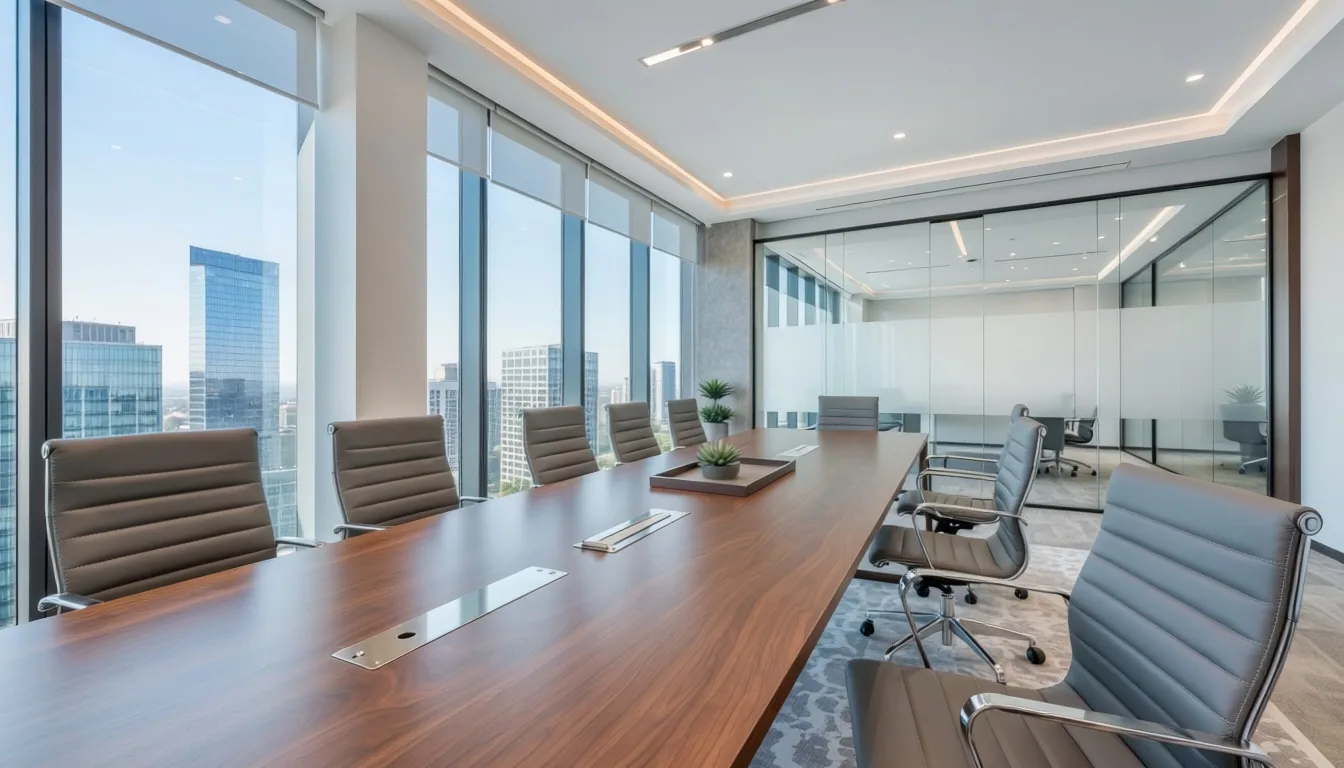 A bright contemporary office space with tables and seating